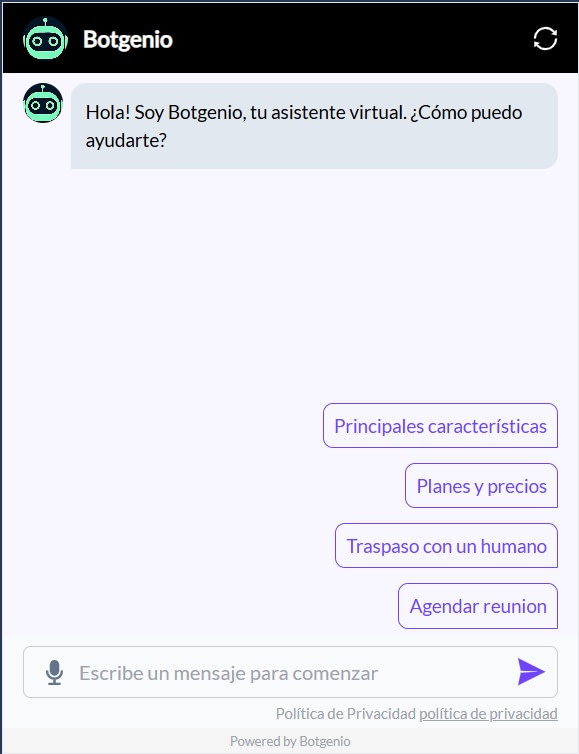 imagen de la pantalla de inicio del chatbot de Botgenio